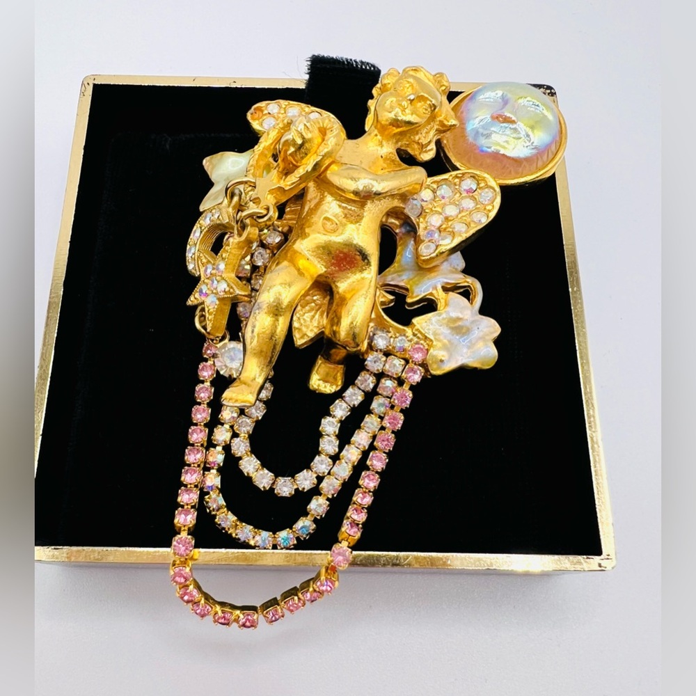 Vintage Kirks Folly Aurora Borealis Crystal Cherub Angel Whimsical Brooch